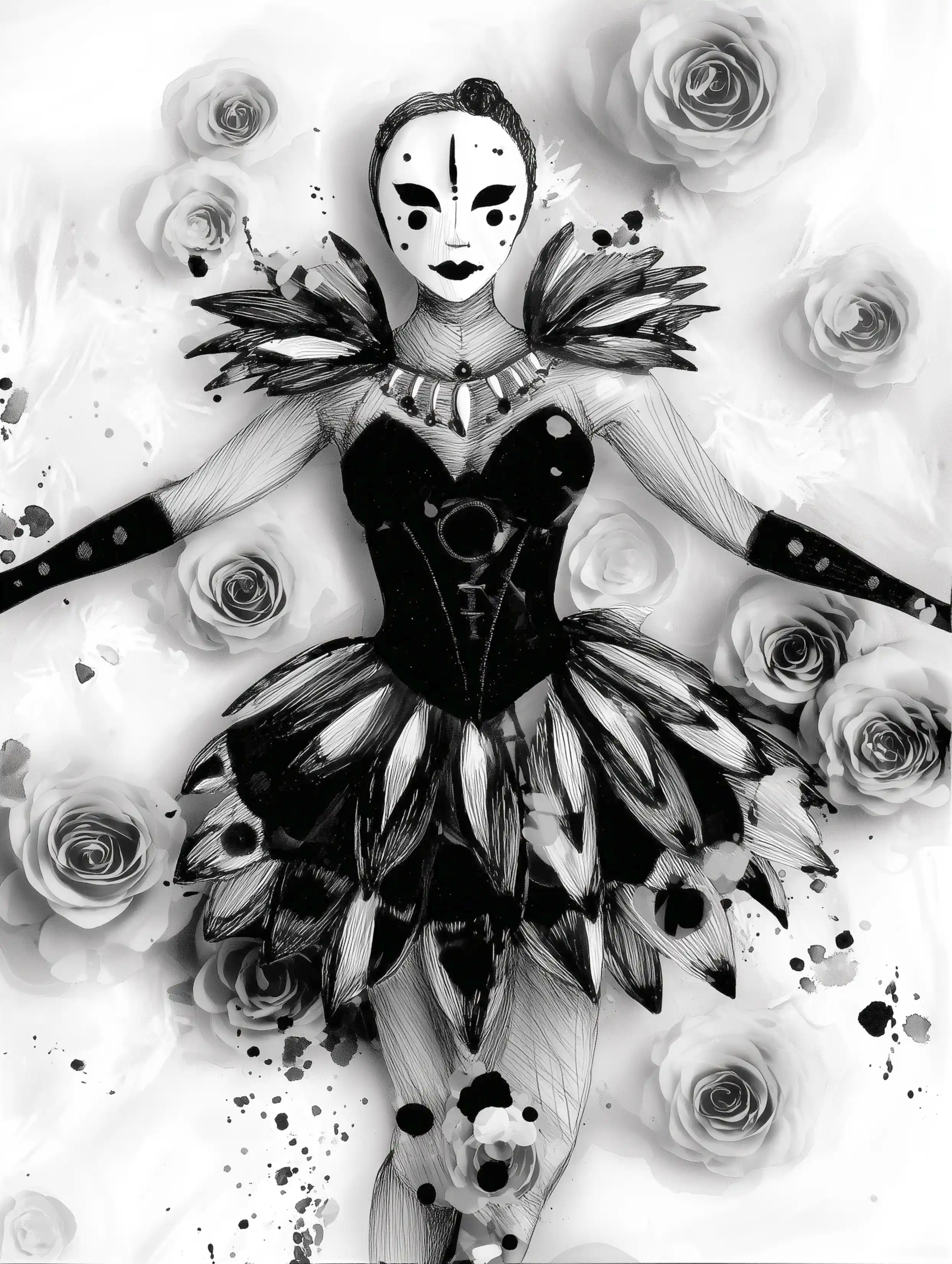 Free ballerina coloring page for adults featuring full mask ballerina with dark dress